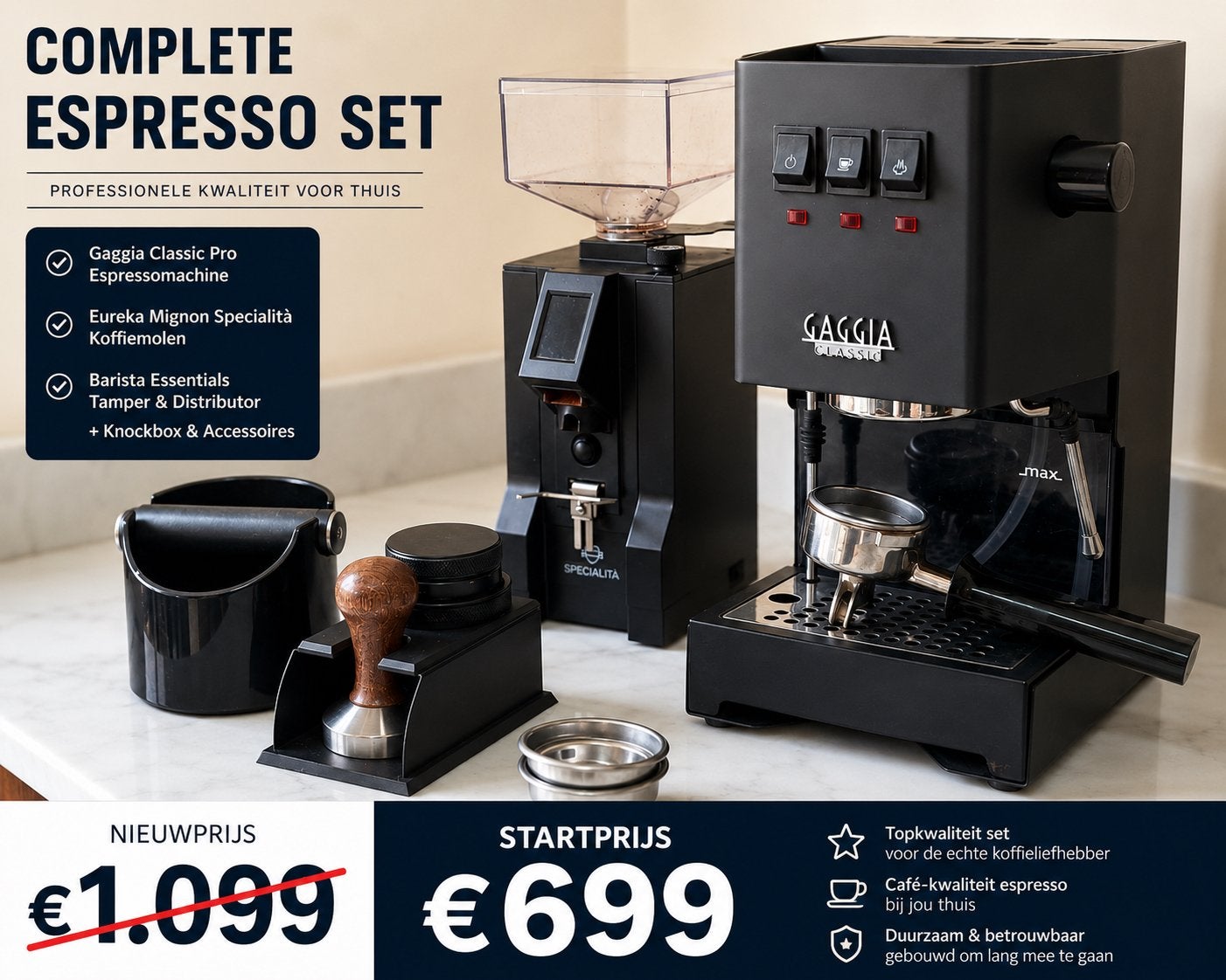 Complete Gaggia Classic + Eureka Specialità barista set, Elektronische apparatuur, Koffiezetapparaten, Ophalen of Verzenden, Zo goed als nieuw
