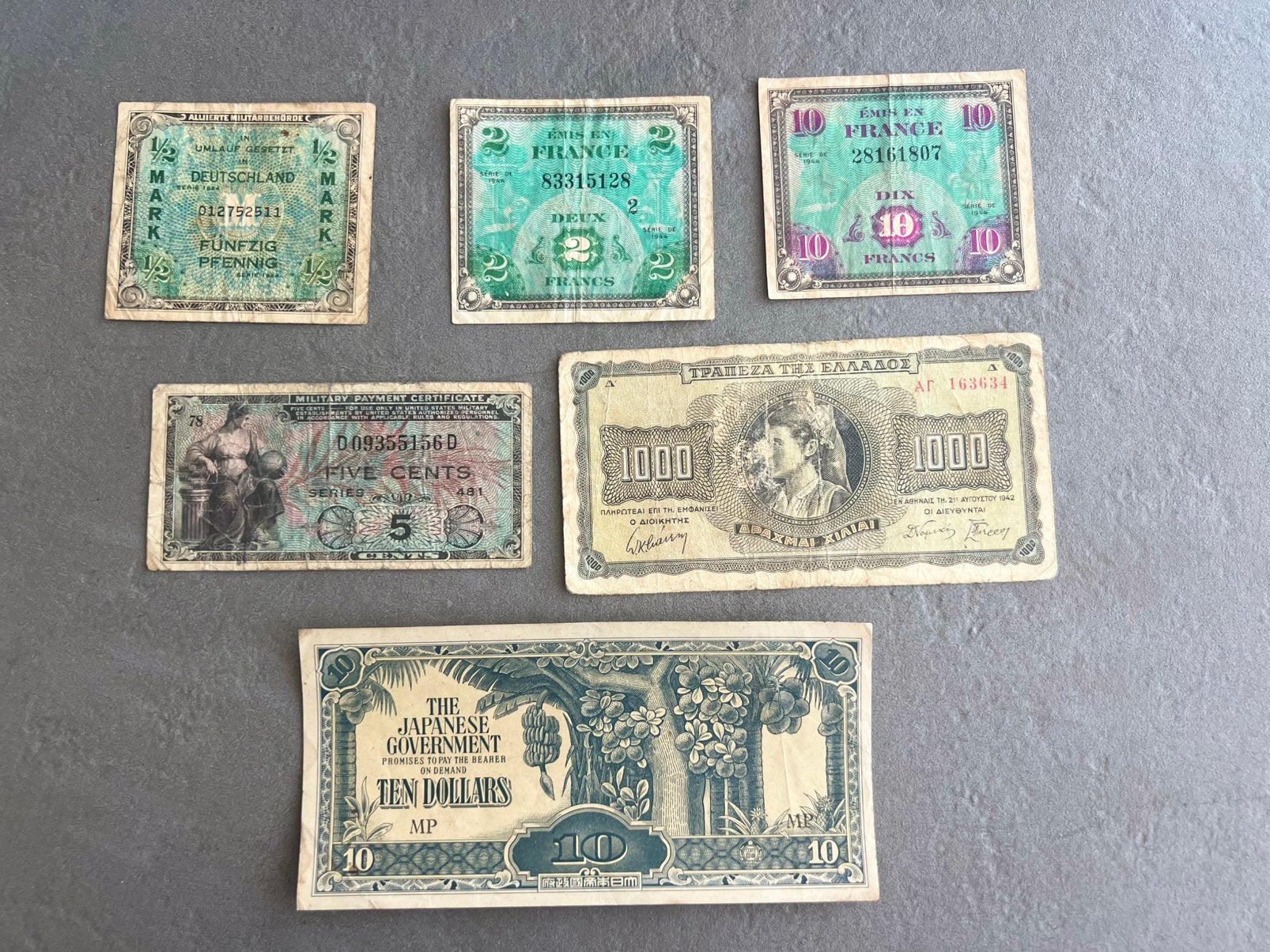 Set van 6 bankbiljetten uit de Tweede Wereldoorlog, Ophalen of Verzenden, Los biljet