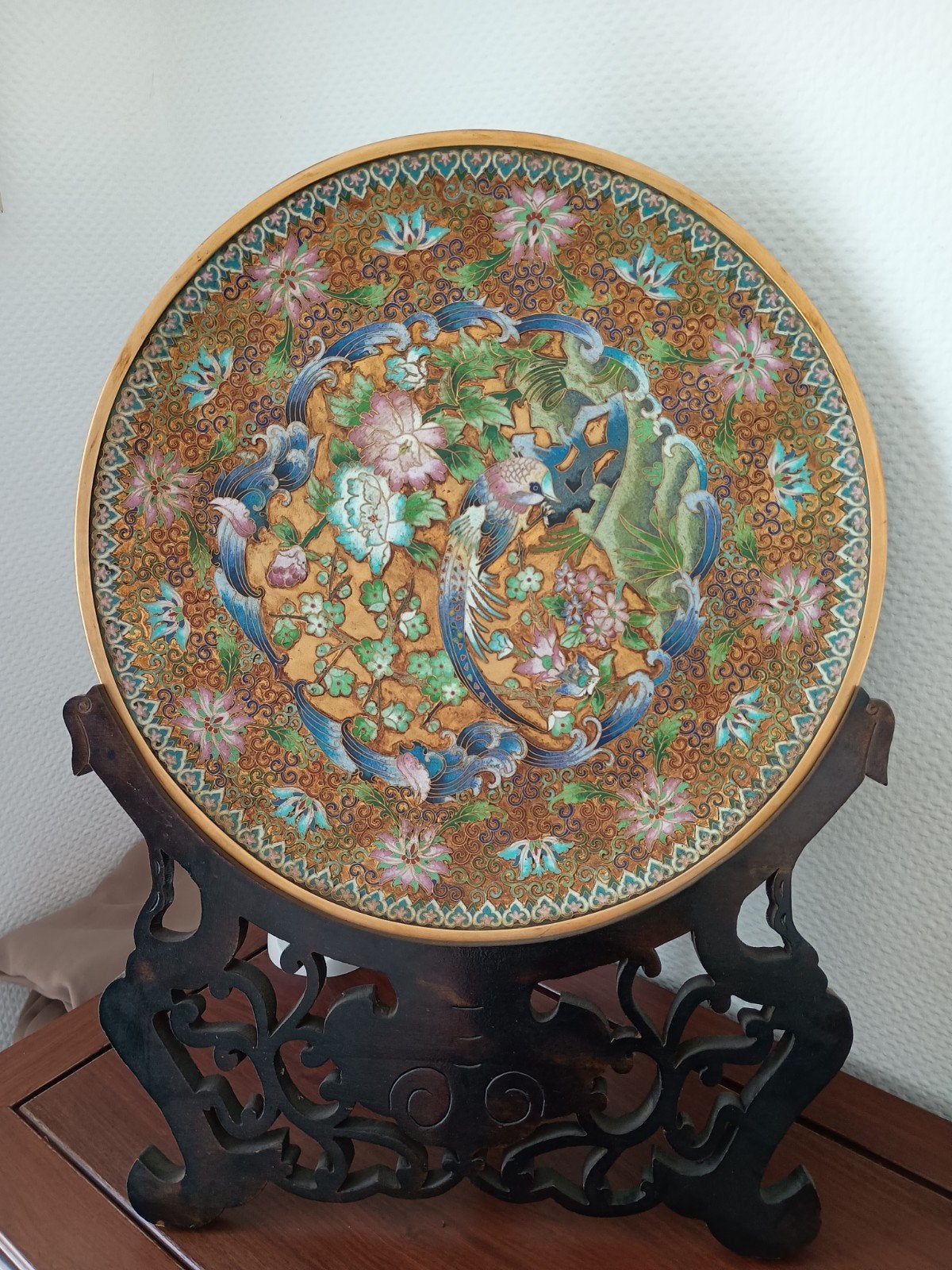 Grand chargeur chinois en cloisonné et bronze émaillée, Antiquités & Art