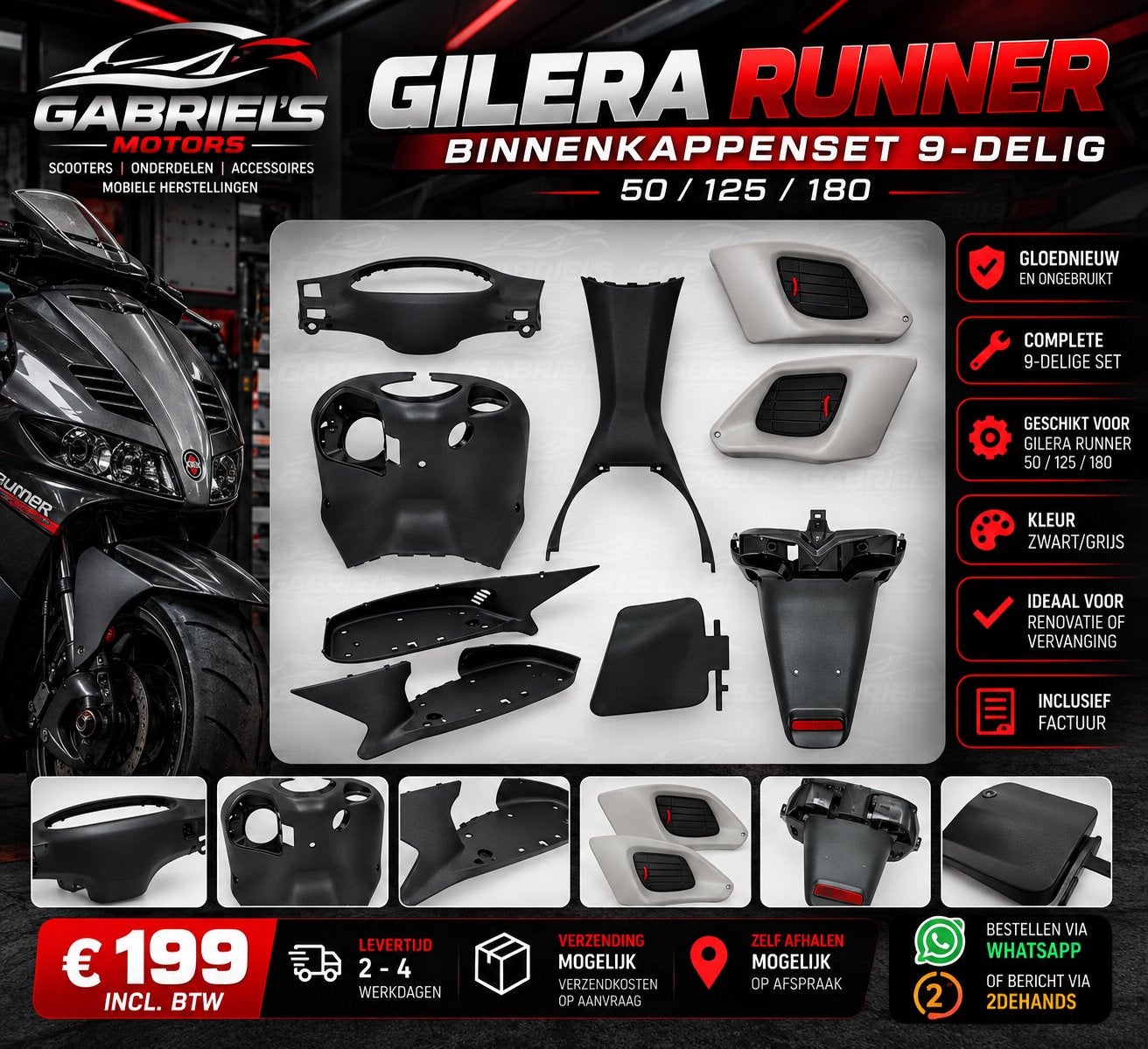 Gilera Runner 50/125/180 Binnenkappenset 9-delig NIEUW, Fietsen en Brommers, Ophalen of Verzenden