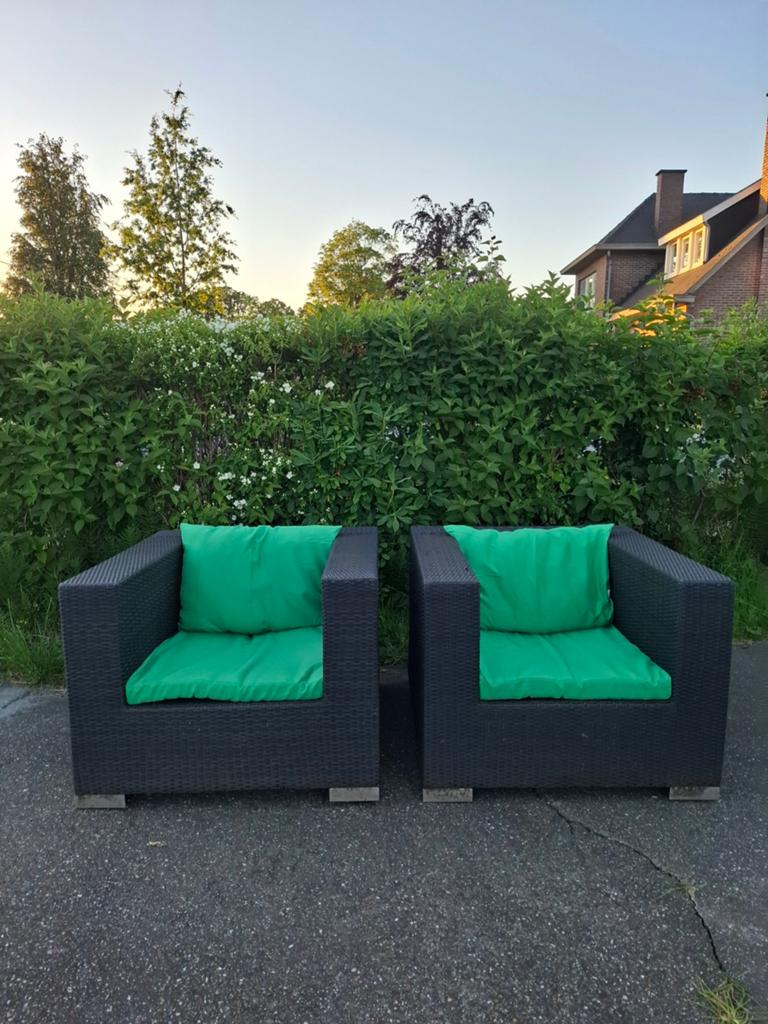 2 lounge zetels zwart met kussens, Zo goed als nieuw, Loungeset, Wicker, Stoel