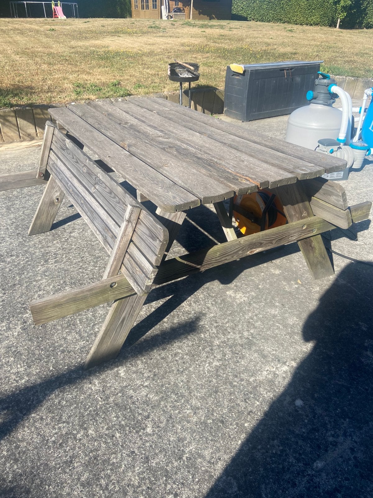2 houten tafels en bank, Tuin en Terras, Picknicktafels, Ophalen, Gebruikt, Rechthoekig, Hout