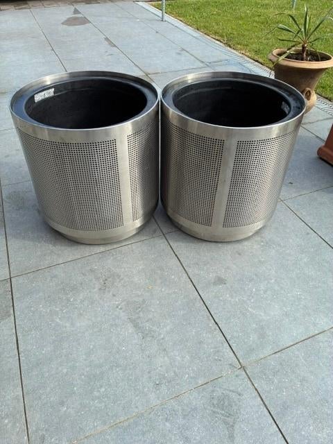 RVS cache-pots, Tuin en Terras, Bloembakken en Plantenbakken, Zo goed als nieuw, Metaal, Binnen, Balkon, Tuin, 30 tot 60 cm, Rond