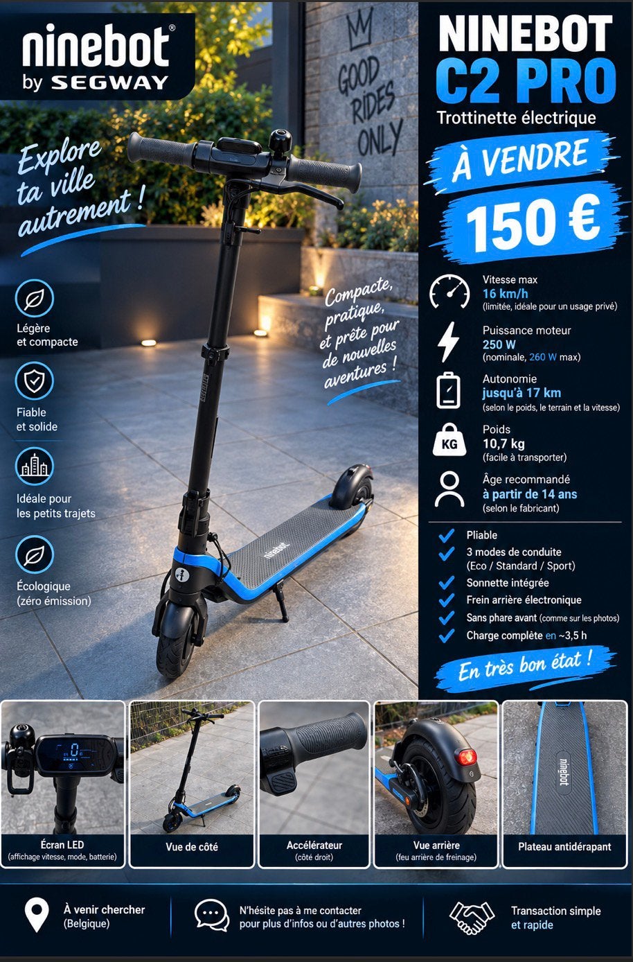 Trottinette électrique c2 pro, Vélos & Vélomoteurs, Enlèvement, Utilisé, Step électrique (E-scooter)