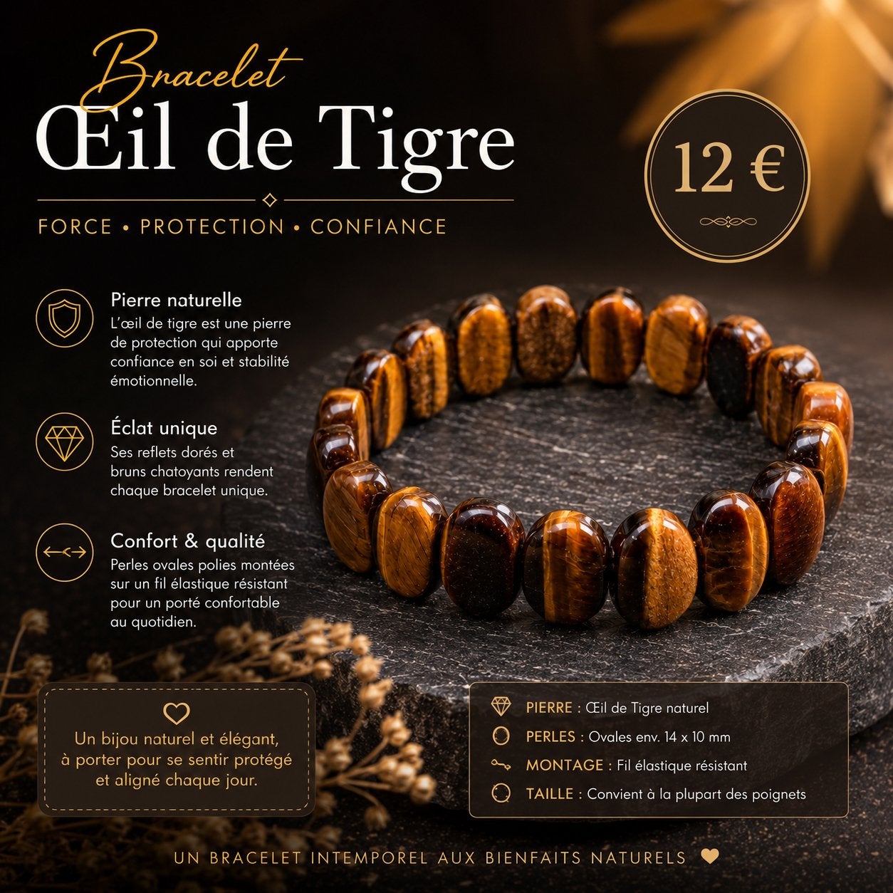 Bracelet en Œil de Tigre – 12 €, Enlèvement, Comme neuf, Brun, Élastique