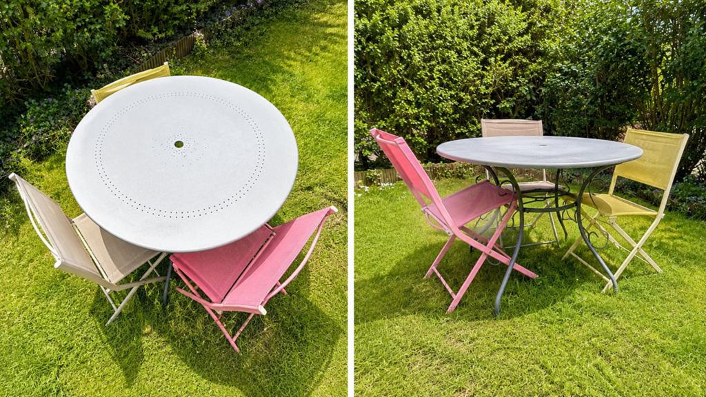 Table jardin avec 3 chaises, Utilisé, Sets de jardin, Table à dinner, Inox