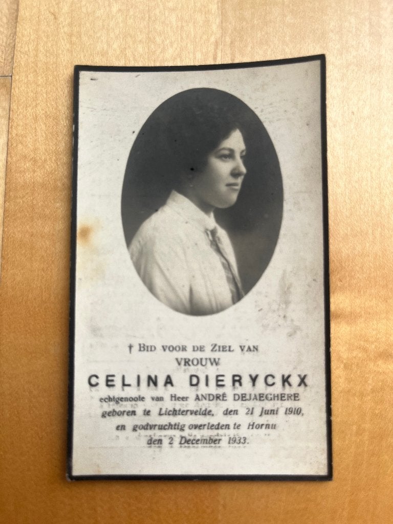 Rouwkaart C.Dieryckx  Lichtervelde 1910 + Hornu 1933, Envoi, Carte de condoléances