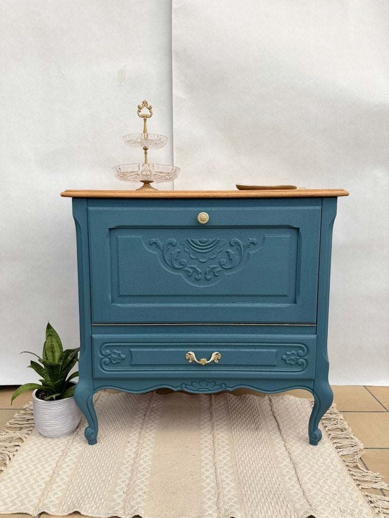 Vintage barkast met klaptablet, diepblauw met naturel blad, Huis en Inrichting, Ophalen, Nieuw