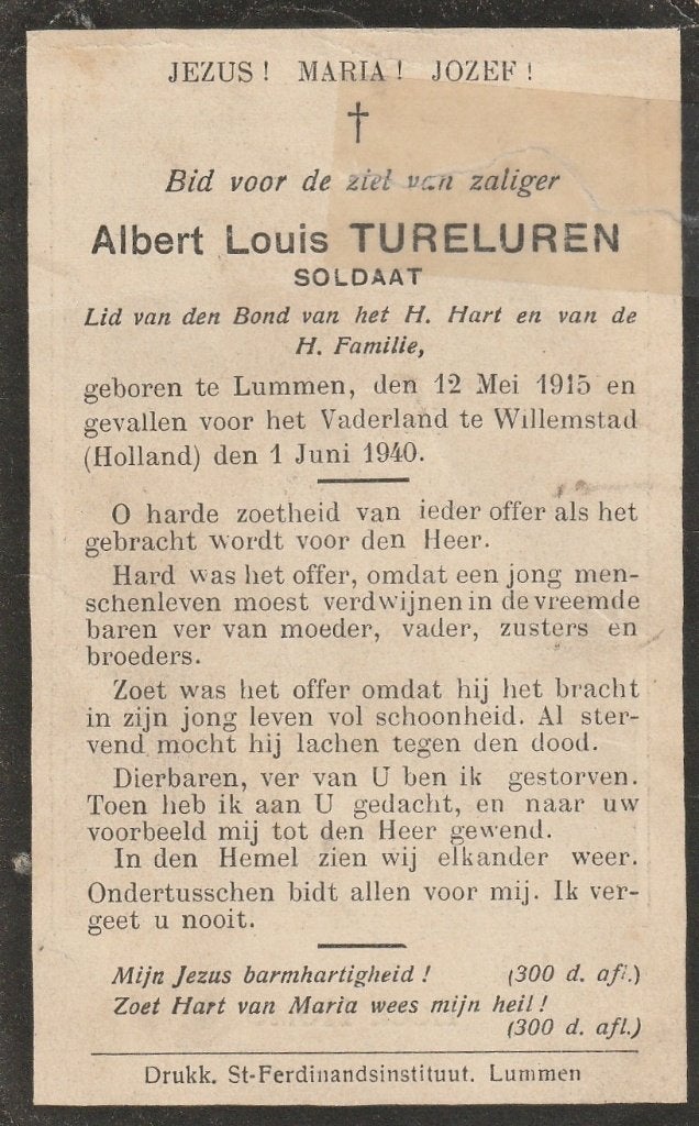 Oorlog Willemstad 1940  Albert Tureluren 01.06.1940, Verzamelen, Ophalen of Verzenden