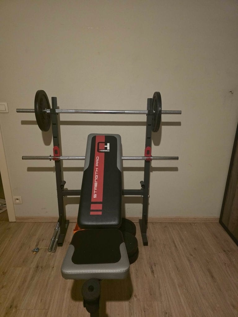 halterbank met gewichten 65 kg, Ophalen, Gebruikt, Armen