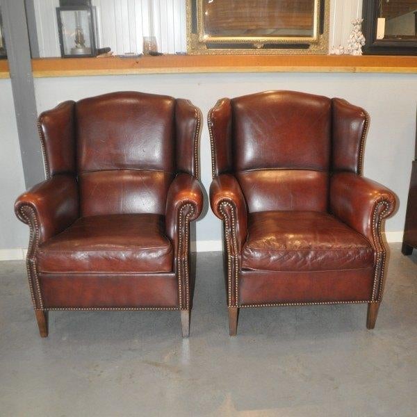 Set schapenleren oorfauteuils i.z.g.s., Antiek en Kunst, Antiek | Meubels | Stoelen en Sofa's, Ophalen