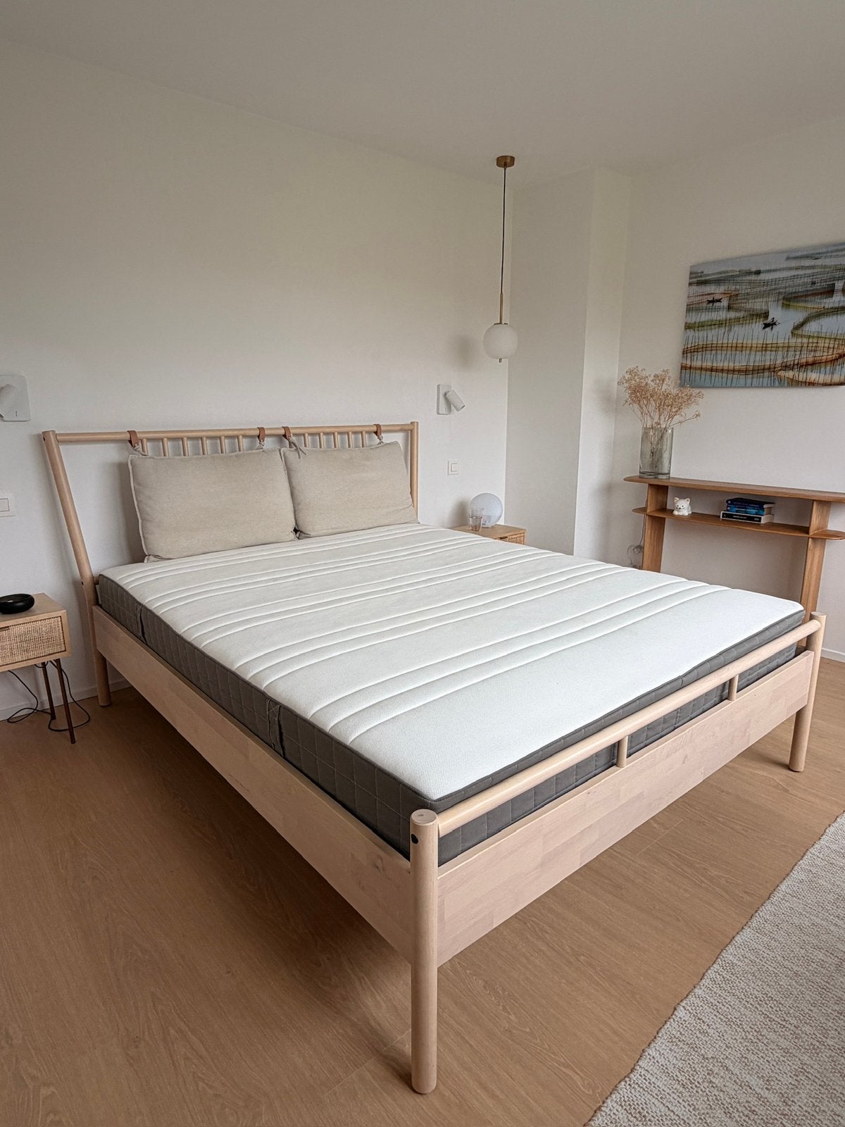 Lit IKEA Björksnäs 160x200 avec 2 sommiers Leirsund, Maison & Meubles, Enlèvement, Comme neuf, Bois