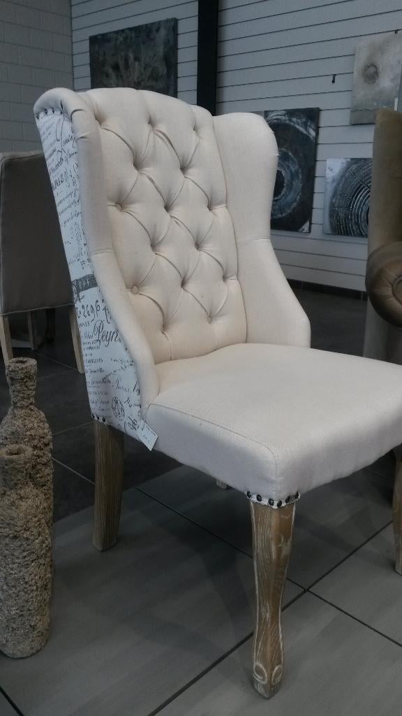 Beige fauteuil met bedrukte rug, Huis en Inrichting, Ophalen, Minder dan 75 cm, Nieuw, Landelijk