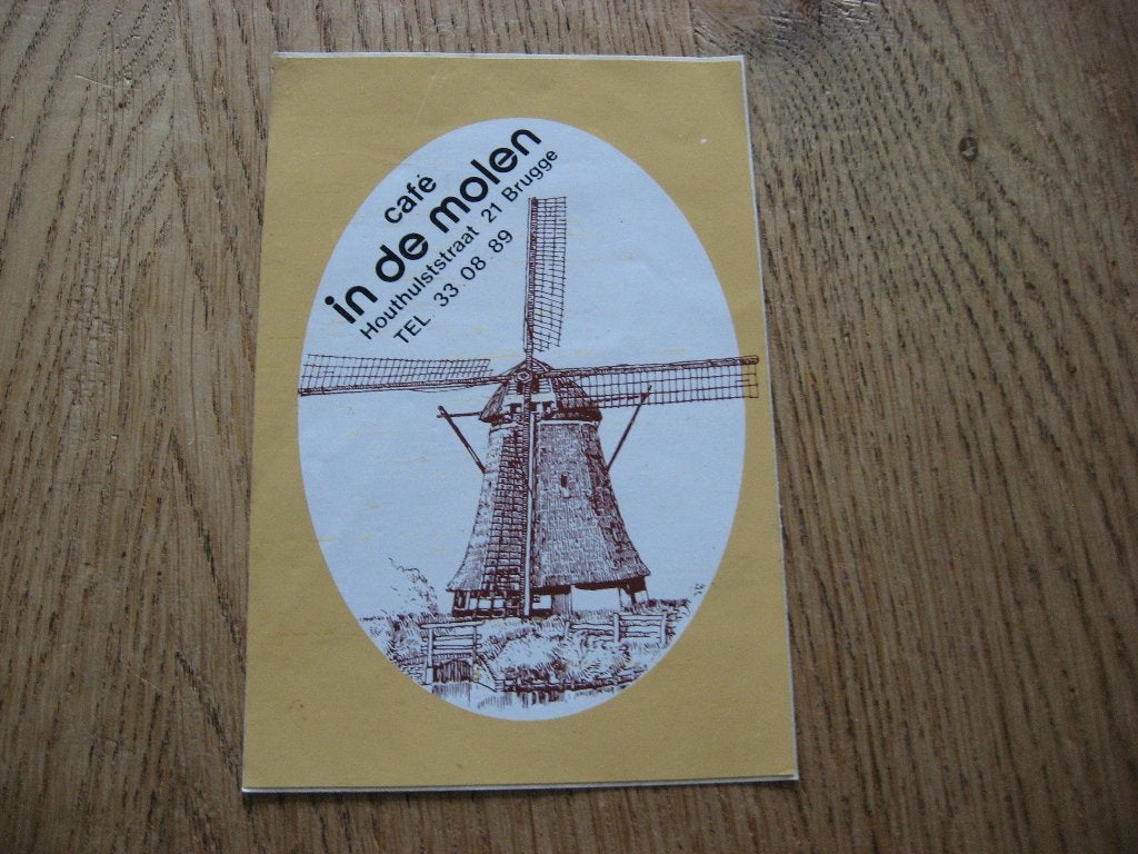 Cafe in de molen Brugge Vintage Sticker, Verzamelen, Ophalen of Verzenden, Nieuw, Overige typen