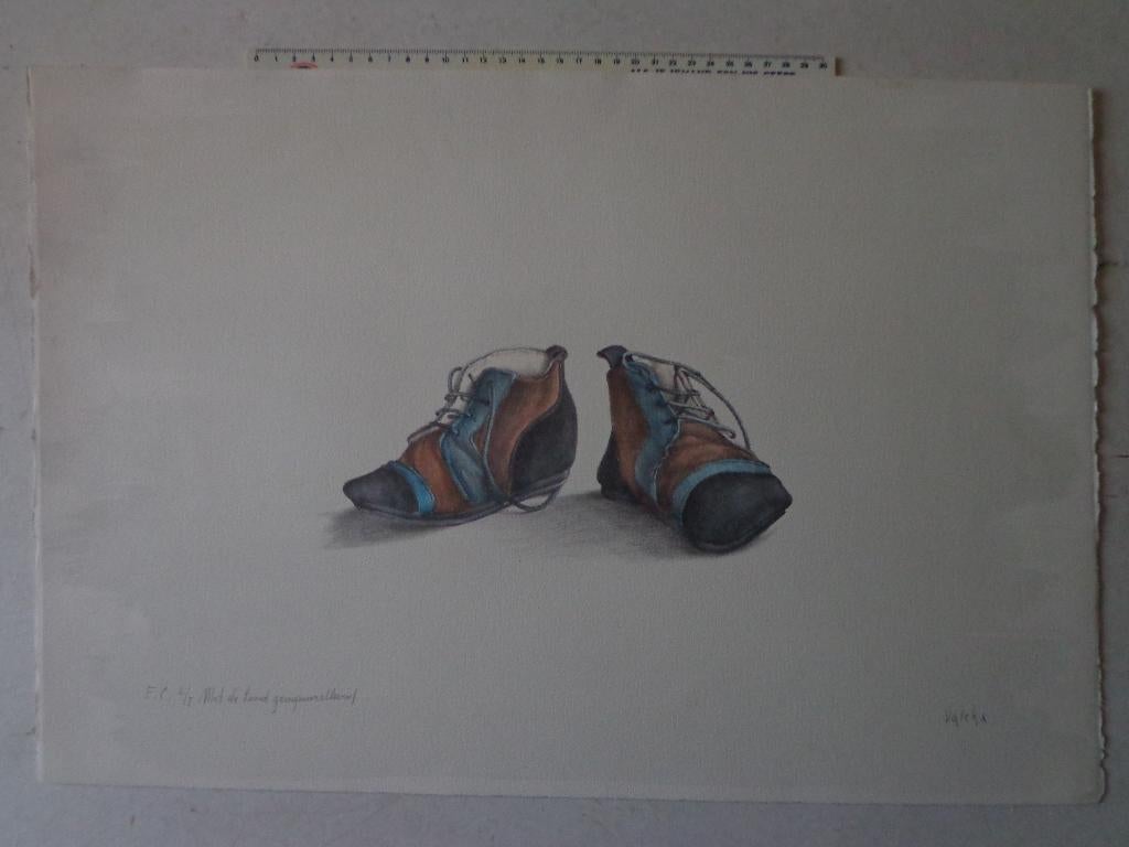 met de hand ingekleurde litho van Petrus Valckx "Schoenen", Genummerd, Ophalen of Verzenden, Overige onderwerpen, Lithografie