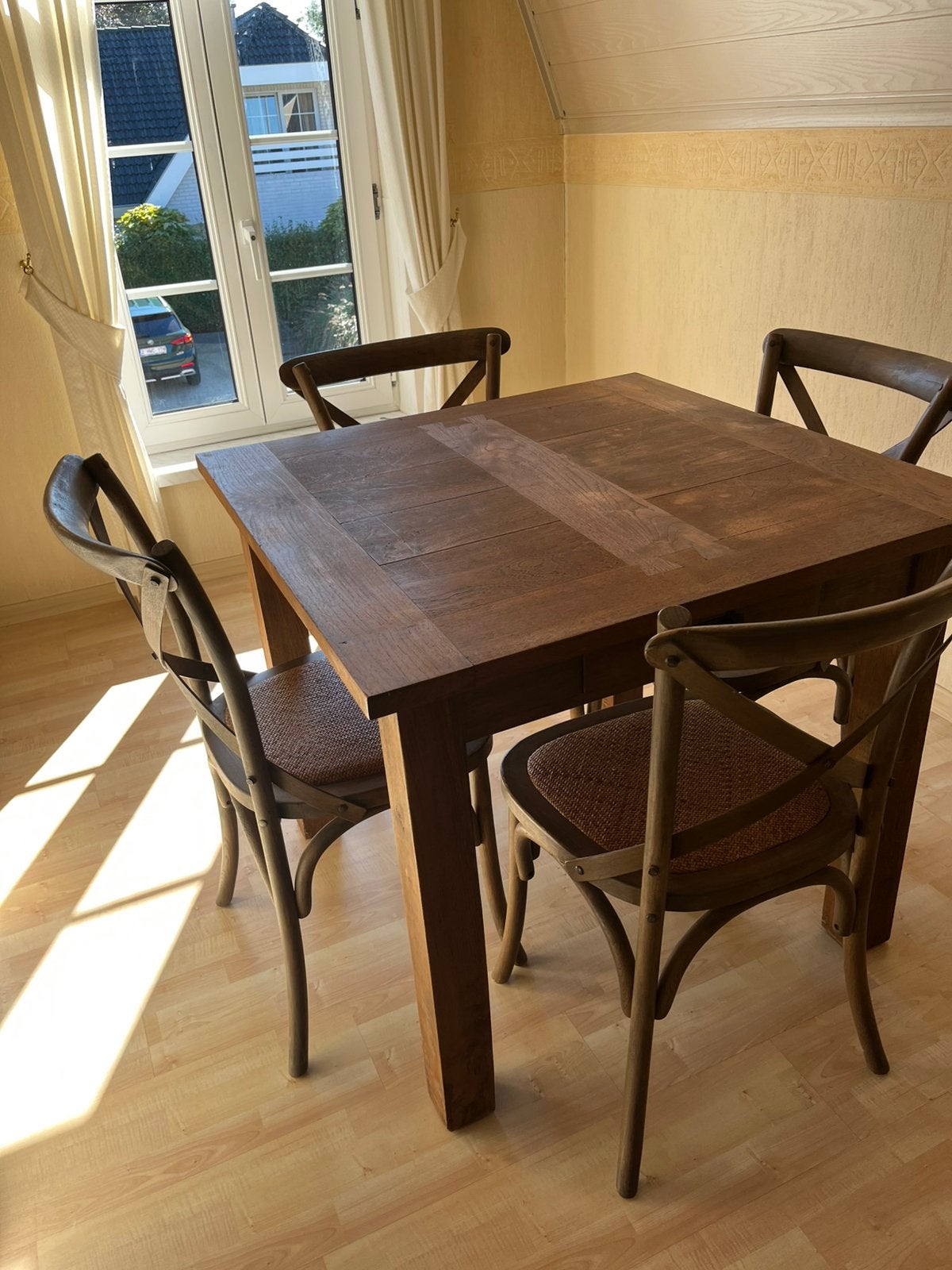 Teaken tafel met 4 stoelen, Huis en Inrichting, Ophalen, Zo goed als nieuw