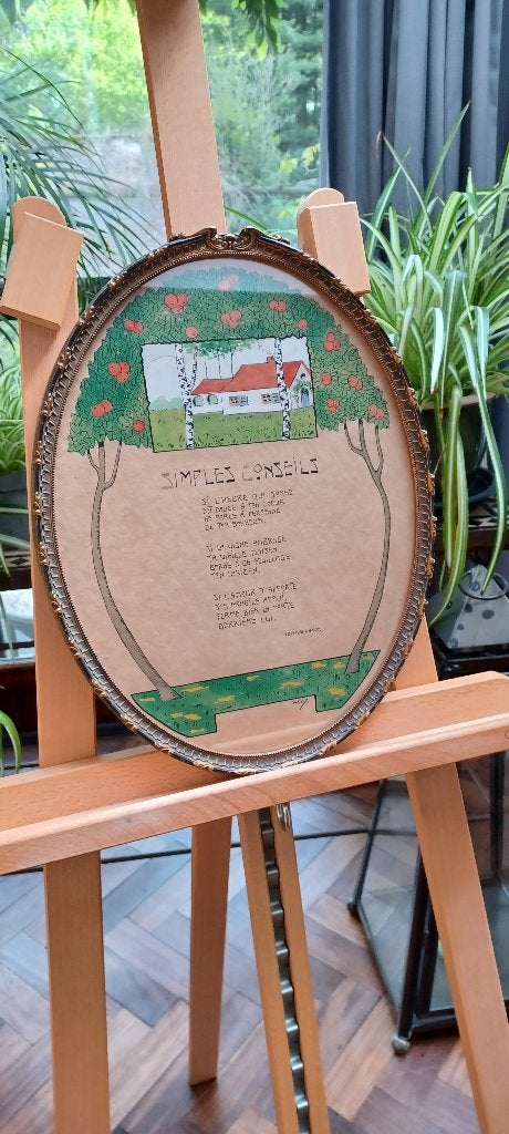 Originele tekening met gedicht, Antiek en Kunst, Ophalen, Tekening, Gemengde techniek, Achter glas