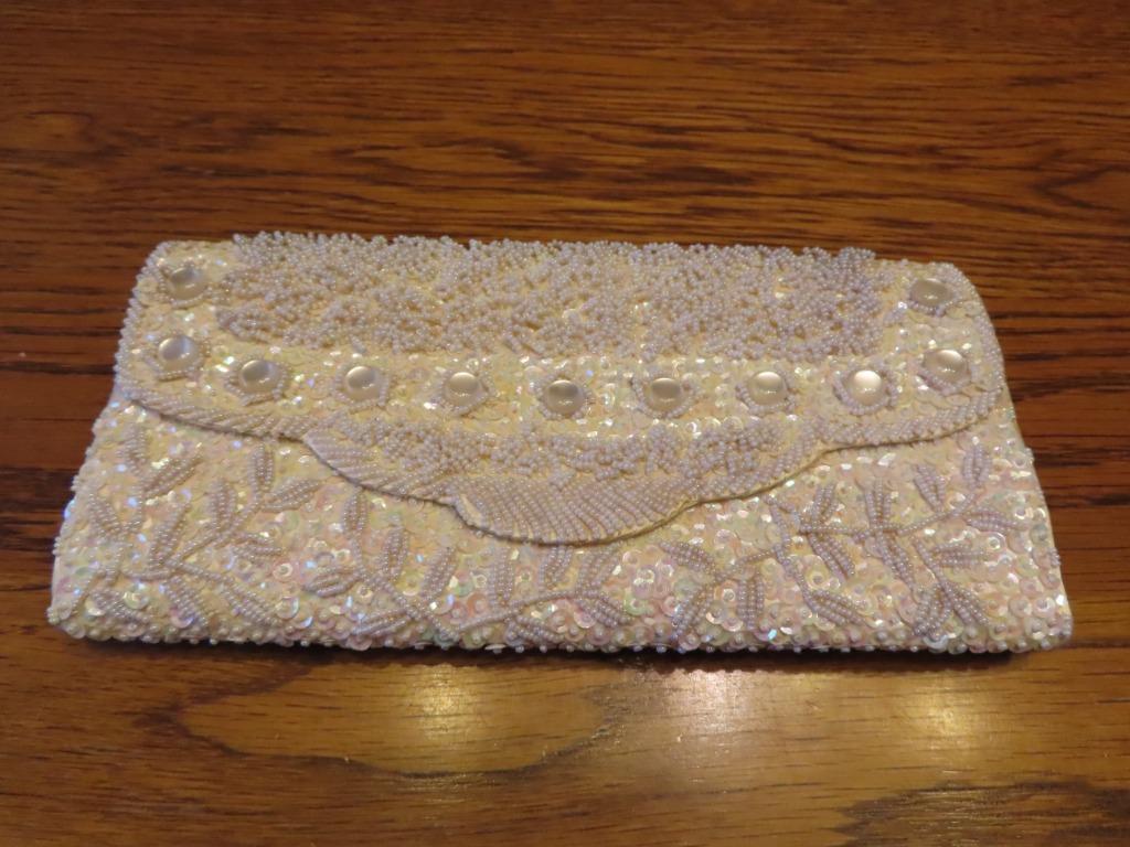 Pochette soirée, blanc cassé, perles&paillettes vintage, Ophalen of Verzenden, Gebruikt, Wit, Avondtasje