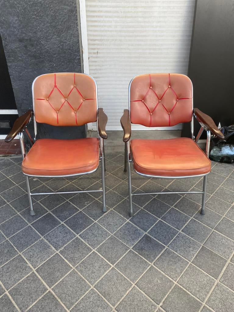Vintage Luxe skai chrome lederen opklap stoelen ( 1960 )., Huis en Inrichting, Stoelen, Ophalen, Zo goed als nieuw, Twee