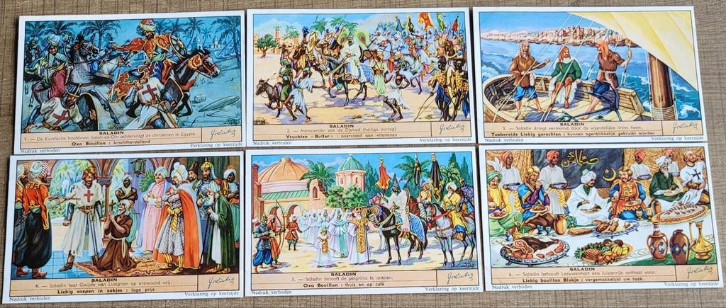 6 oude Liebig prenten: Saladin, Enlèvement ou Envoi, Comme neuf, Autres sujets/thèmes, Gravure