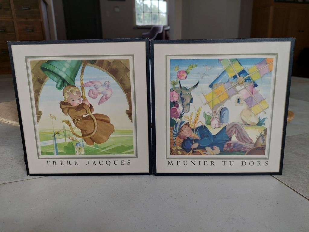 Meunier tu dors / frère Jacques cadres sous verre vintage, Antiquités & Art, Enlèvement ou Envoi