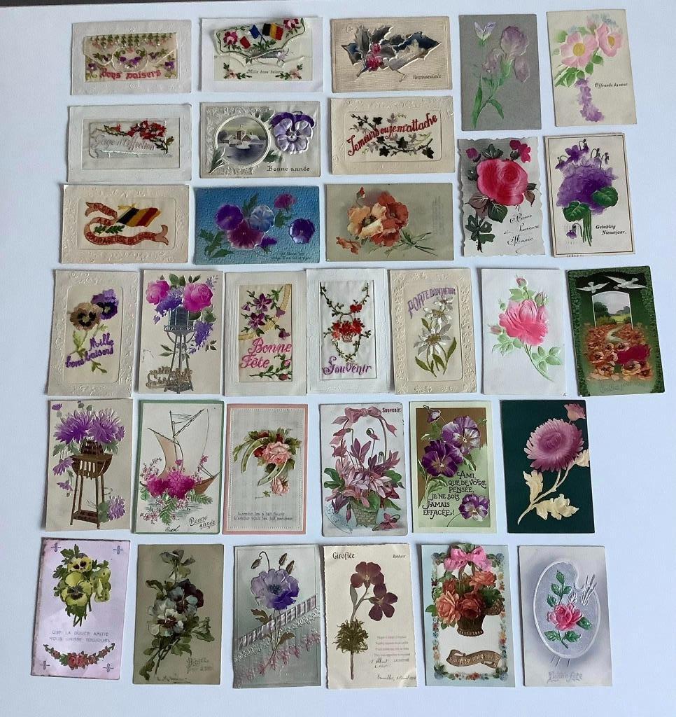 32 cartes postales anciennes avec des fleurs en tissu ou en, Enlèvement ou Envoi, 1940 à 1960, Affranchie, Nature