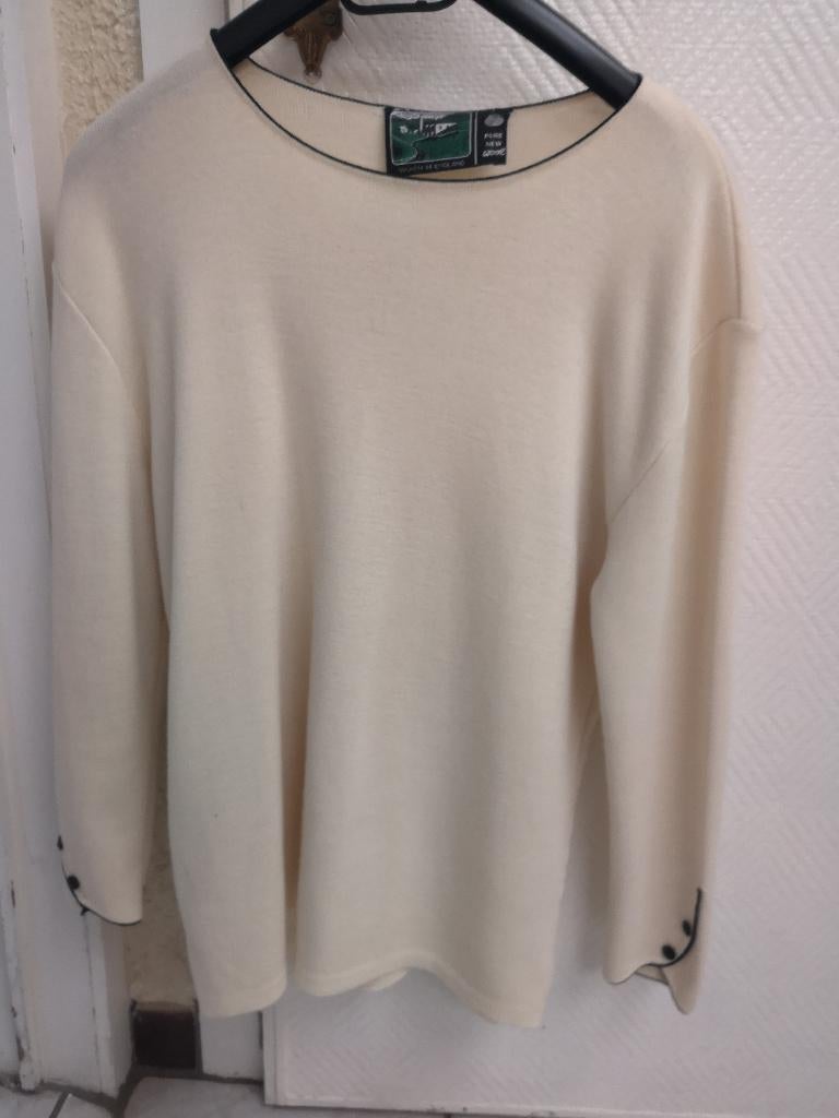 Witte wollen trui met zwart aan hals en mouw L, Kleding | Dames, Ophalen of Verzenden, Zwart