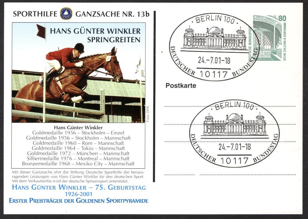 DUITSLAND Sporthilfe-Hans Günther Winkler 24-07-2001, Ophalen of Verzenden, BRD, Gestempeld