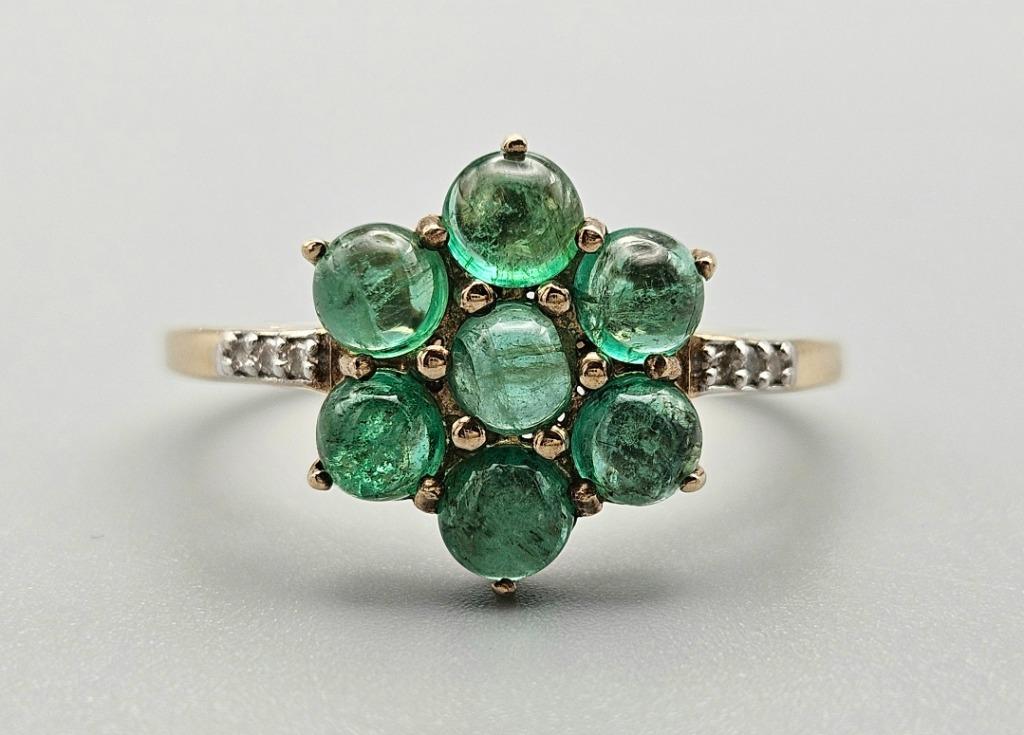 Gouden Vintage ring edelsteen smaragd en diamant. 2024/222, Handtassen en Accessoires, Ringen, 19 tot 20, Ophalen of Verzenden