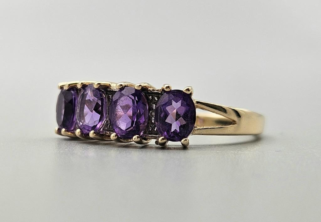 Bague vintage en or, pierre précieuse, améthyste et diamant., Enlèvement ou Envoi, Or, Bague, Avec pierre précieuse