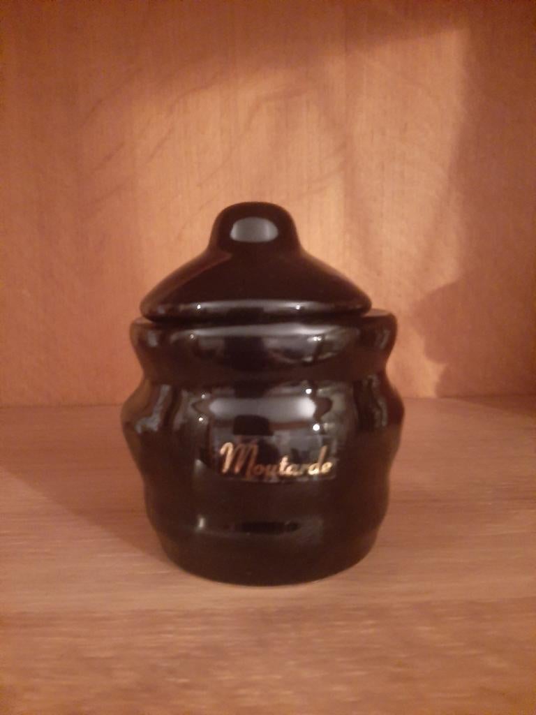 Vintage mosterdpotje met scheplepel – in zwart keramiek, Ophalen of Verzenden, Zo goed als nieuw