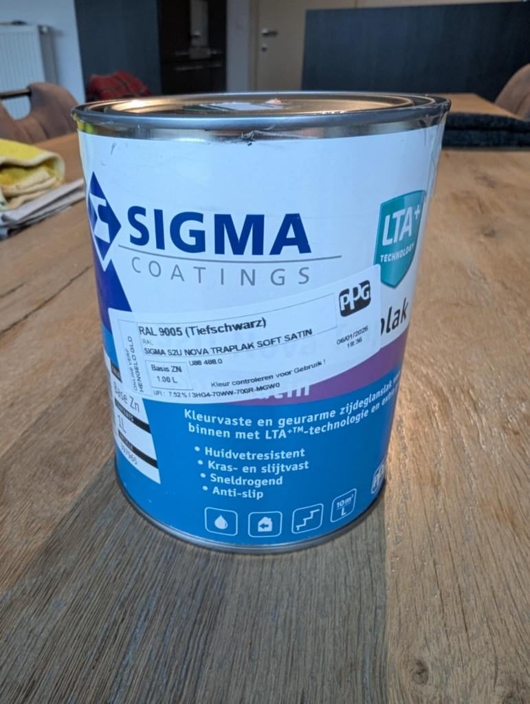 Sigma S2U Nova Traplak Soft Satin 1 Liter RAL 9005, Neuf, Moins de 5 litres, Enlèvement ou Envoi, Laque