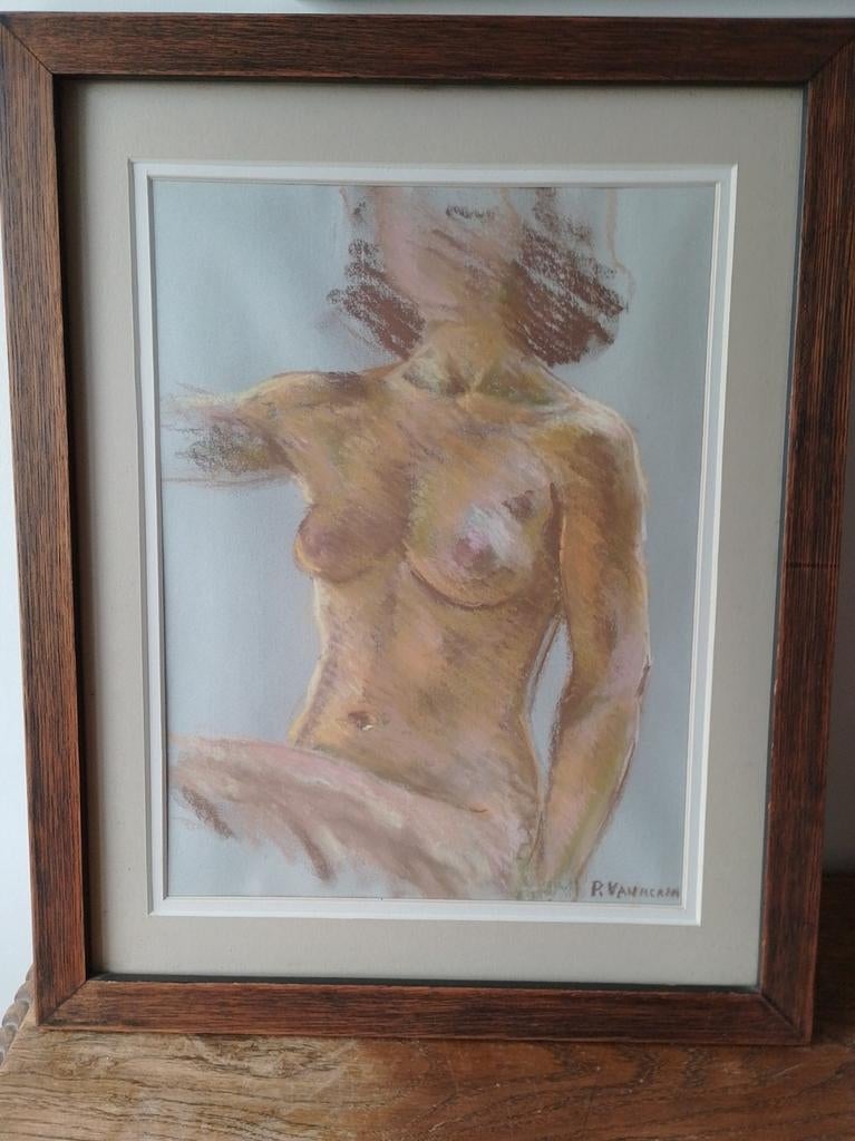 Pasteltekening naakt , gesigneerd , kader met passe-partout, Ophalen of Verzenden