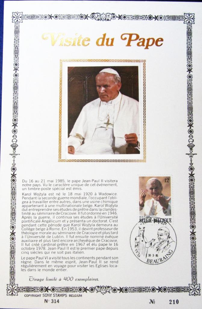 KUNSTBLAD BEZOEK PAUS JOHANNES PAULUS II IN BELGIË, Ophalen of Verzenden, Gestempeld, Overige thema's