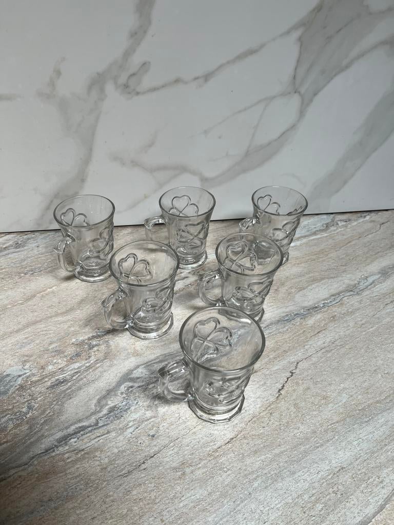 6 espresso glazen met klavertje vier motief, Verzamelen, Glas en Drinkglazen, Ophalen