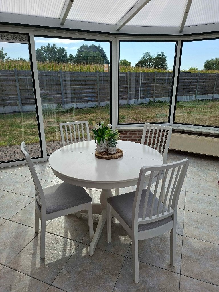 Witte Uitschuifbare Eettafel (110–>155 cm)+ 4 Stoelen (WEBA), Ophalen, Gebruikt, Vijf personen of meer, Ovaal
