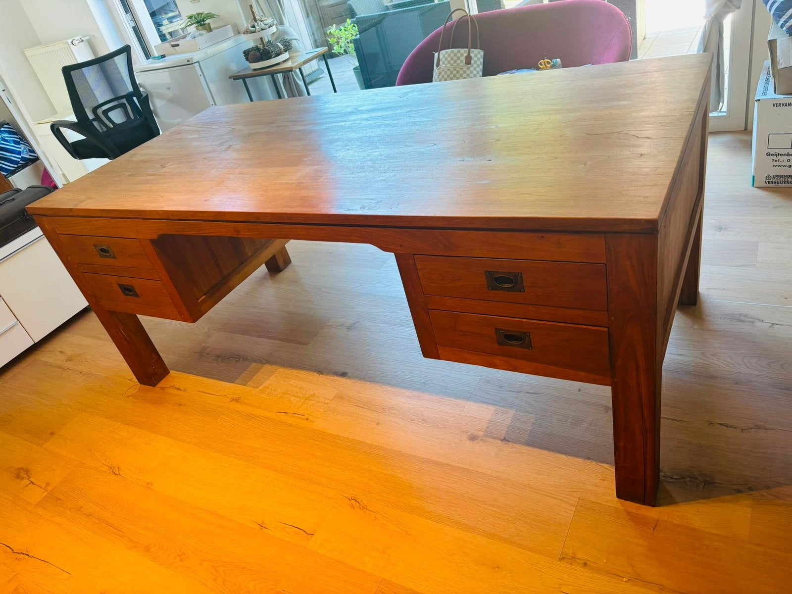 Teak bureau, Ophalen, Hout, 131 cm, Natuurlijk