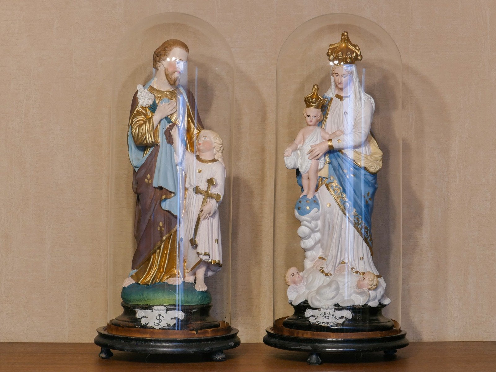 Prachtig Antiek Set Devotiebeelden onder Stolp (ca. 1900), Antiek en Kunst, Ophalen