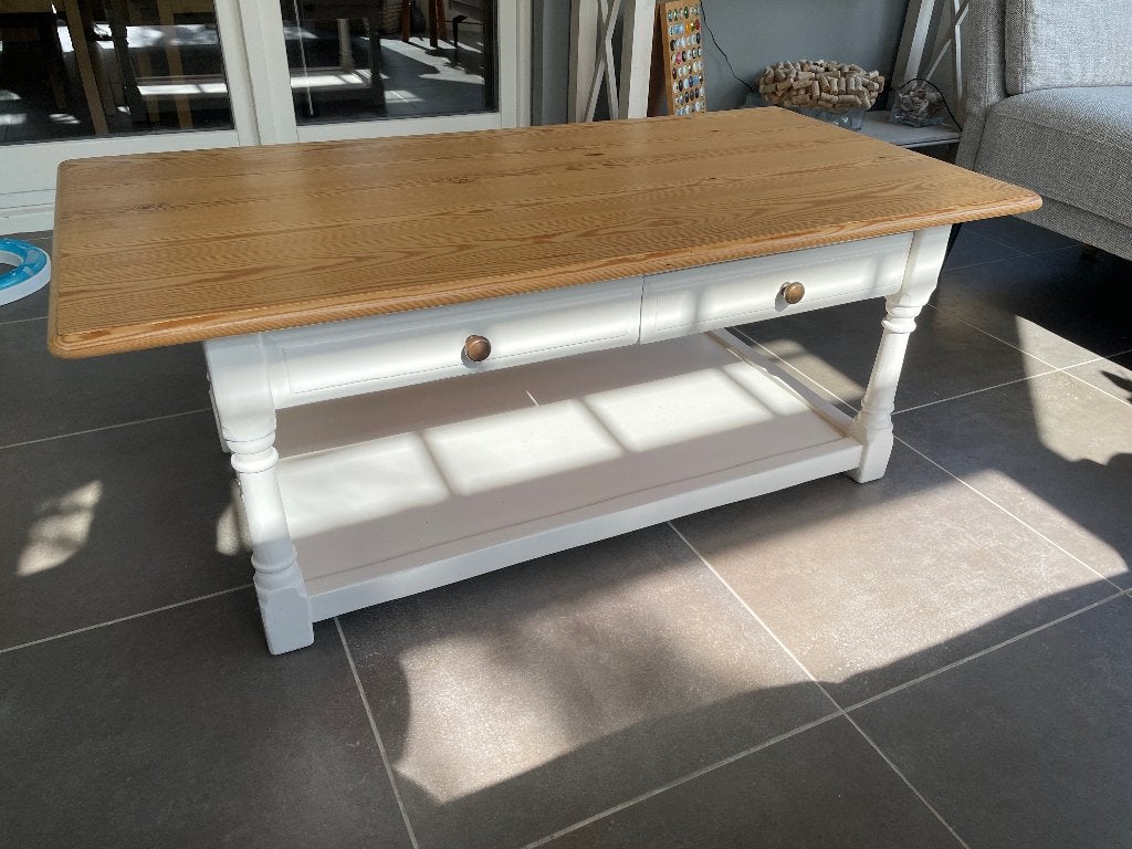 Salontafel met 2 lades - cottage stijl - massief hout, Huis en Inrichting, Tafels | Salontafels, Ophalen, 100 tot 150 cm, Cottage landelijke stijl