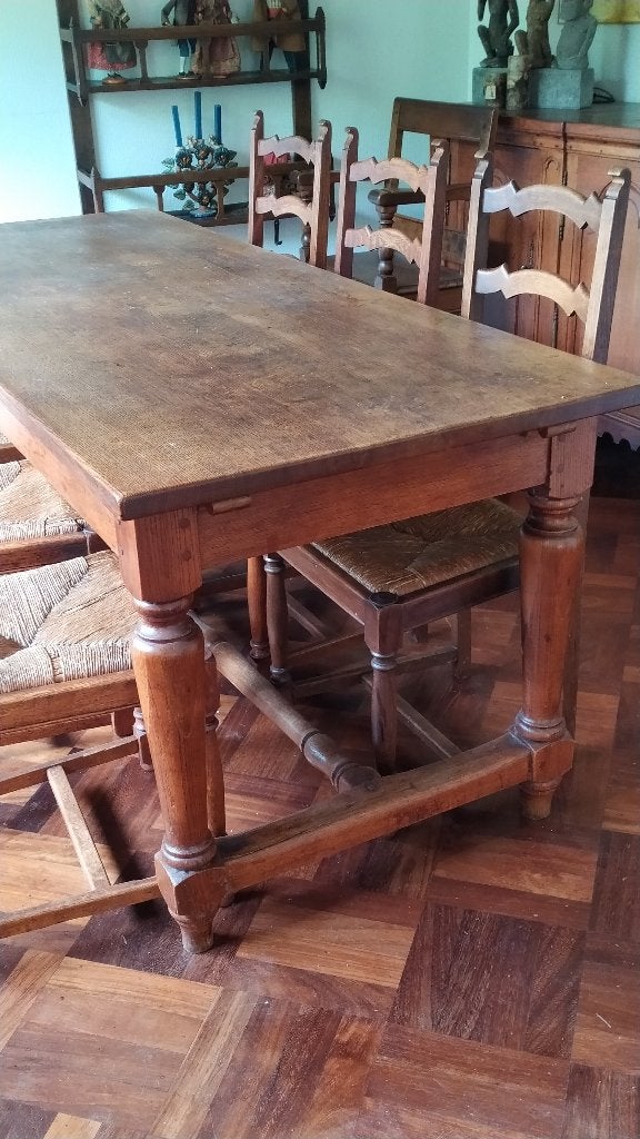 Grote Franse boerentafel en 6 stoelen (19e eeuw), Huis en Inrichting, Ophalen, Gebruikt, Fermier Français, Eikenhout