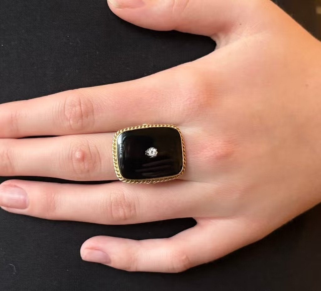 Diamant onyx robuuste 14k gouden ring dame briljant vintage, Ophalen of Verzenden, Zo goed als nieuw, Dame of Heer, Met edelsteen