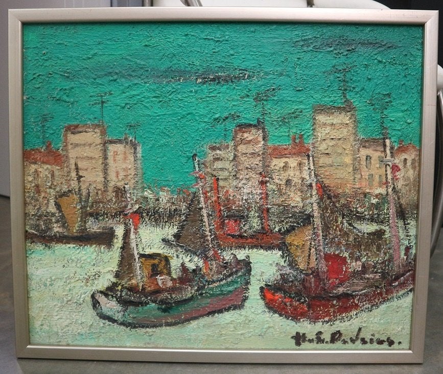 Hubert DE VRIES, havengezicht op doek, Antiek en Kunst, Maritiem / water, Doek, Expressionistisch, Ophalen of Verzenden