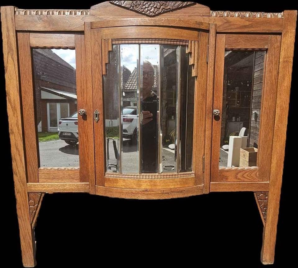 Dessus Meuble miroir triptyque chêne décor sculpté, Enlèvement