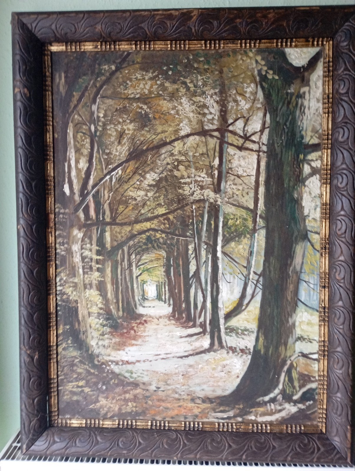 Grande peinture à l'huile. « Sentier pédestre parmi les arbr, Enlèvement, Signé, Peinture à l'huile, Toile