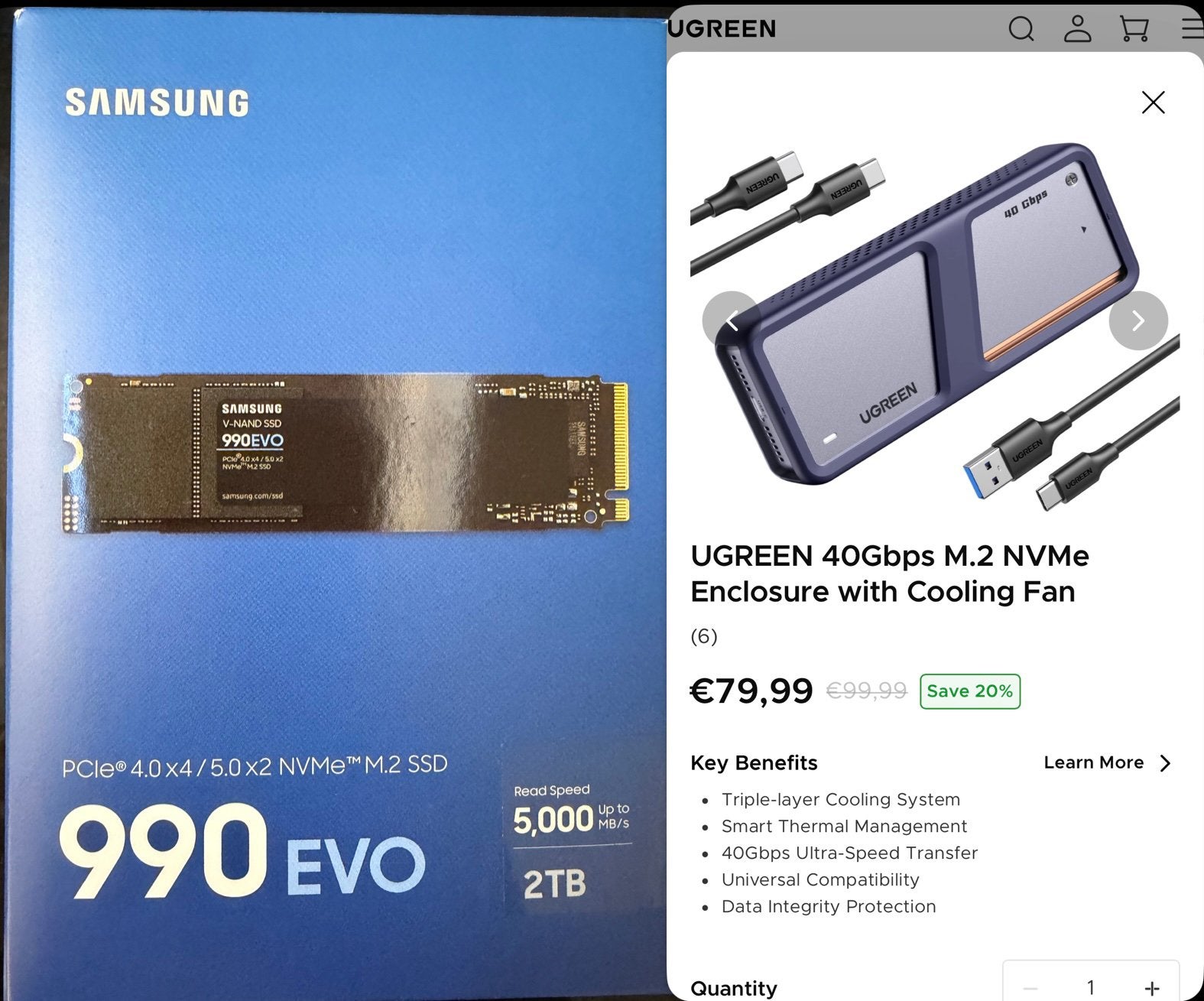 Samsung 2 TB NVMe SSD 990 EVO + UGREEN 40Gbps NVMe Enclosure, Informatique & Logiciels, Envoi, Comme neuf
