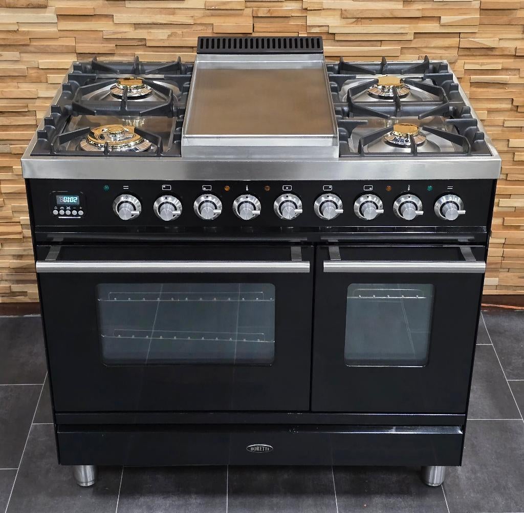 🔥Luxe Fornuis Boretti 90cm hoogglans zwart + rvs 2 ovens, Ophalen, 60 cm of meer, Zo goed als nieuw, Energieklasse A of zuiniger