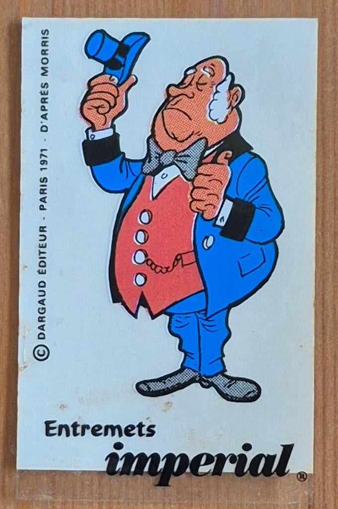 Lucky Luke sticker Entremets Imperial 1971 Morris, Verzamelen, Ophalen of Verzenden, Overige figuren, Zo goed als nieuw, Plaatje, Poster of Sticker