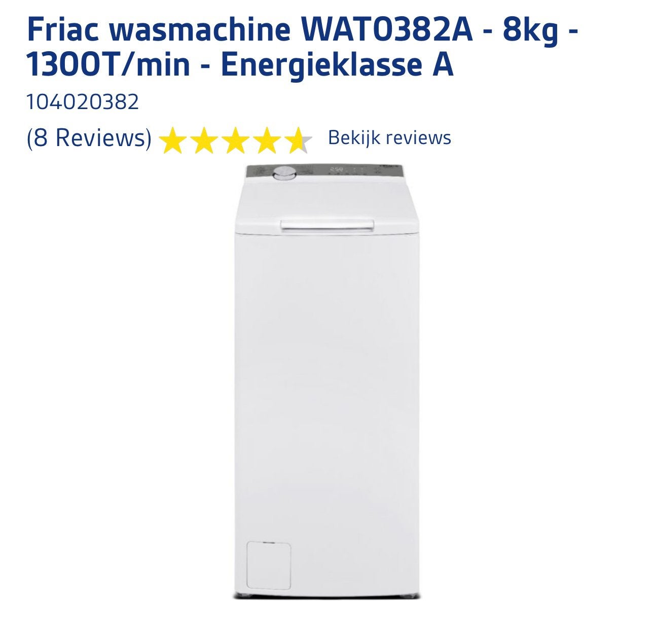 Friac Wasmachine WAT0382 A nieuw Energieklasse A, Elektronische apparatuur, Wasmachines, Ophalen, Nieuw