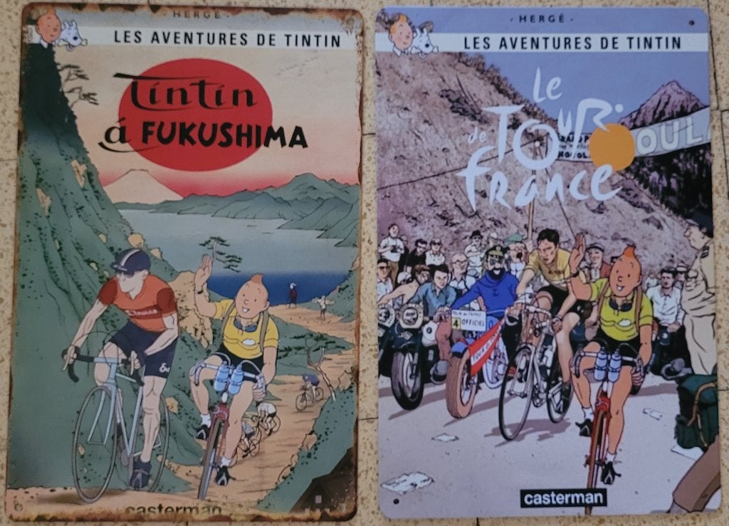 Set van 2 borden, parodie  Kuifje op de fiets Tour de France, Verzenden, Nieuw