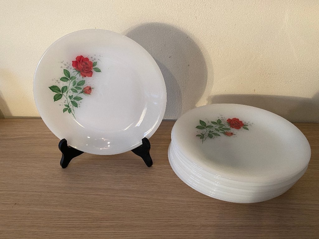 VINTAGE ARCOPAL : 10 platte borden met roos, Huis en Inrichting, Ophalen, Zo goed als nieuw, Vintage, Bord(en)